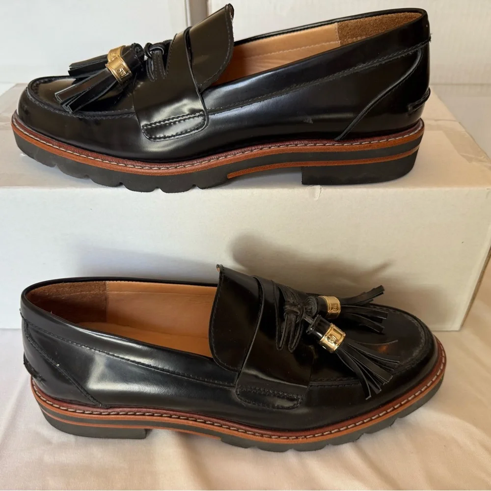 Stuart Weitzman Black Patent Tassel Loafers with Gold Accents - Picture 6 of 7